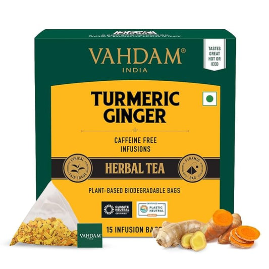 VAHDAM, Turmeric Ginger Herbal Tea Bags (15 Pyramid Tea Bags) Caffeine Free, Non GMO, Gluten Free |