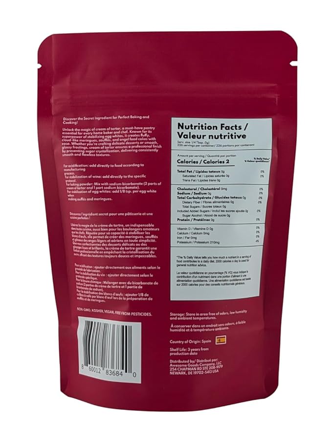 AROMACRAVE Cream of Tartar Powder, High-Purity Potassium Bitartrate for Baking & Cooking