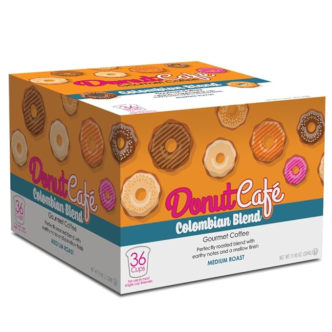 Donut Café - Coffee Gourmet Pods, Colombian Blend, Medium Roast – Non-GMO, Gluten Free – Compatible