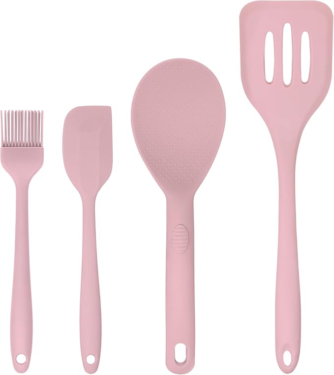 Silicone Utensils 4-Piece Set ??Rubber Spatula, Pastry Brush, Slotted Turner, and Rice Paddle