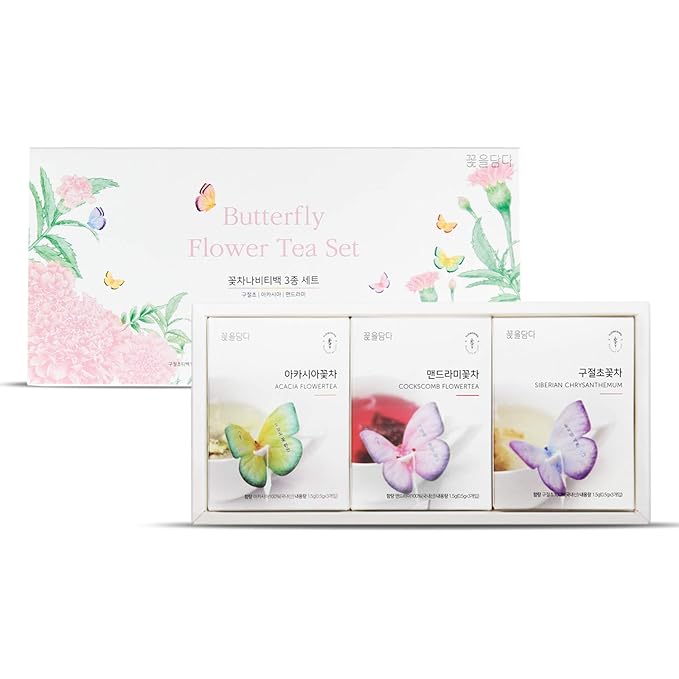 KKOKDAM Korean Tea Gift Set Sampler – 3 Flavor Pink Butterfly Tea Bag Sampler – Elegant Box for Tea
