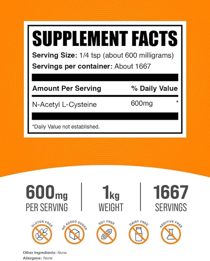 BulkSupplements.com NAC Powder - N-Acetyl Cysteine 600mg, NAC Supplement - Antioxidant Support