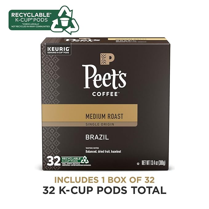 Peet's Coffee, Medium Roast Keurig K-Cup Pods - Single Origin Brazil 32 Count (1 Box of 32 K-Cup