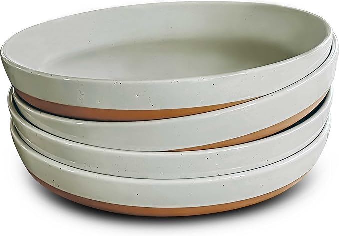 Mora Ceramic Flat Pasta Bowl Set of 4-35oz, Microwave Safe Plate with High Edge - Modern Porcelain