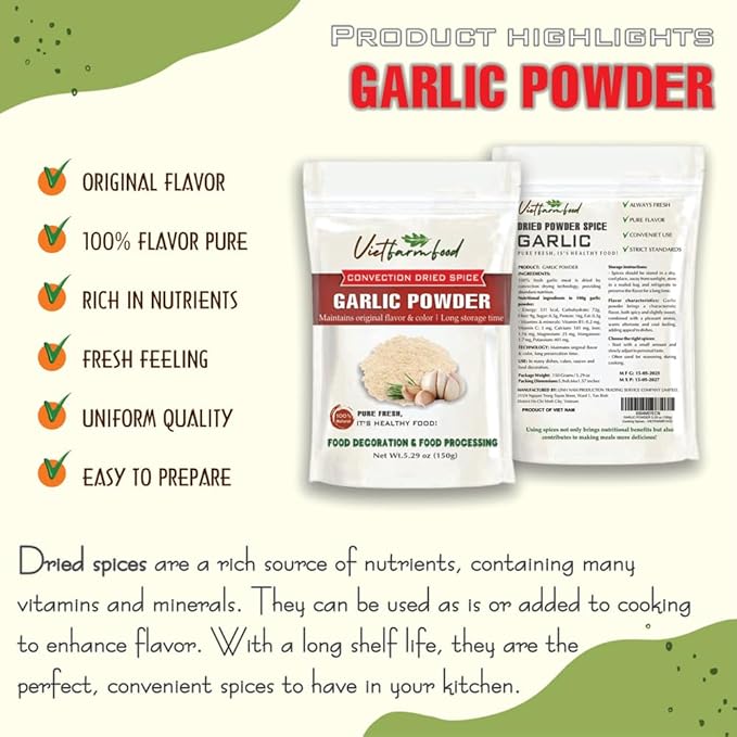 GARLIC POWDER 5.29 Oz (150g) VIETFARMFOOD: Natural pure, convection dried seasoning made from real