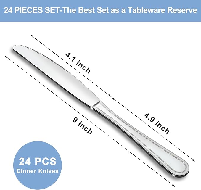 Dinner Knives Set of 24, 9??Knives Set, Butter Knives with Pretty Line Handle, Sharp Knives Set