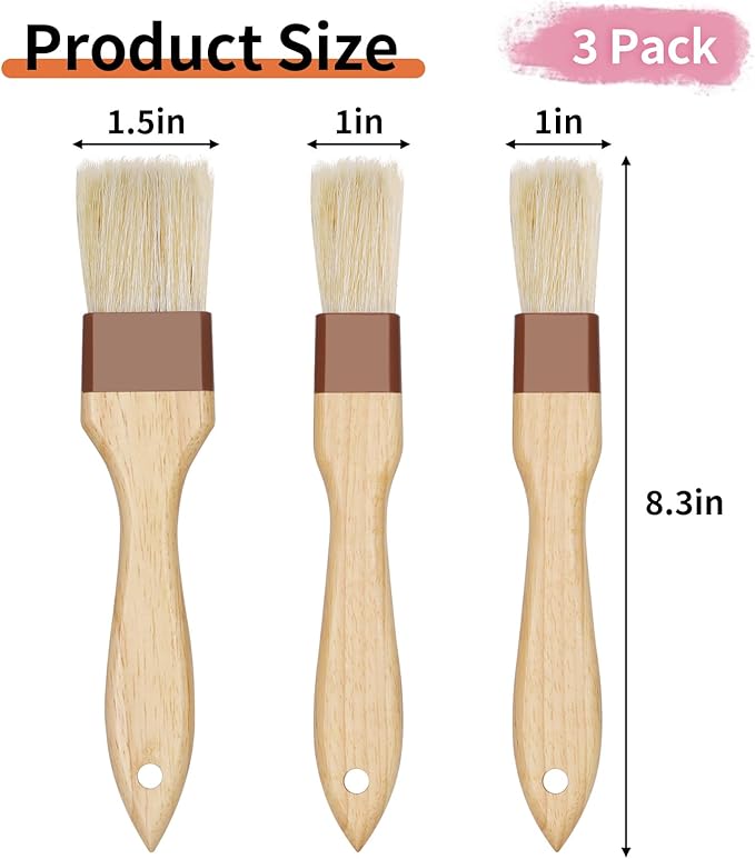 3 Pcs Pastry Brush, Natural Bristle Basting Brush, Cooking Brush, Food Brush, Butter Brush, Baster