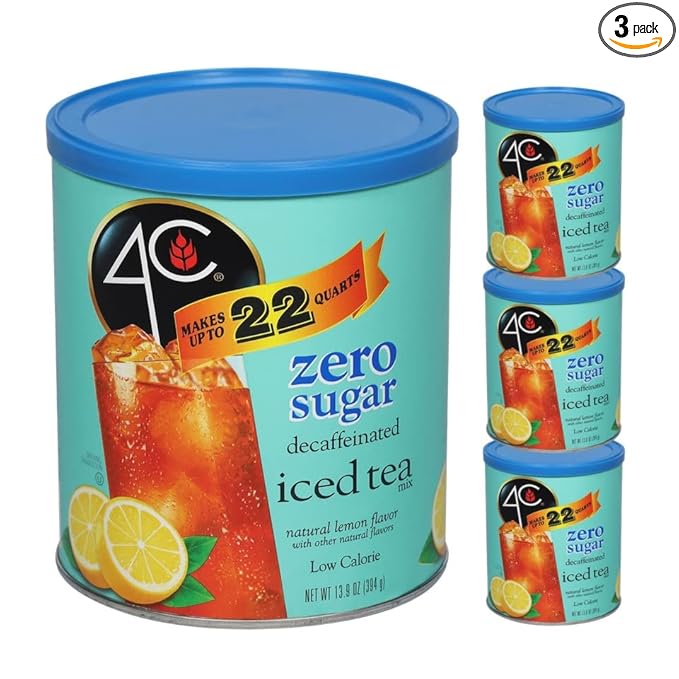 4C Zero Sugar Powdered Drink Mix Cannisters, Zero Sugar Decaffeinated Iced Tea 3 Pack, 22 Quarts