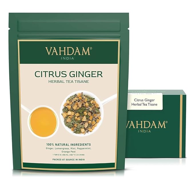 VAHDAM, Citrus Ginger Herbal Tea Tisane (50 Cups, 3.53 oz) Gluten Free, Non GMO | Ginger