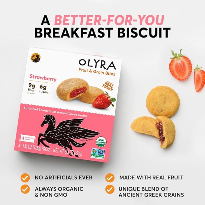 Olyra Strawberry Organic Fruit Bars, Prebiotic High Fiber Snack, Gut Health, Fruit Filled & Whole