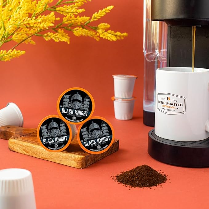 Fresh Roasted Coffee, Organic Black Knight | USDA Organic, Kosher | Dark Roast 96 Pods for K Cup