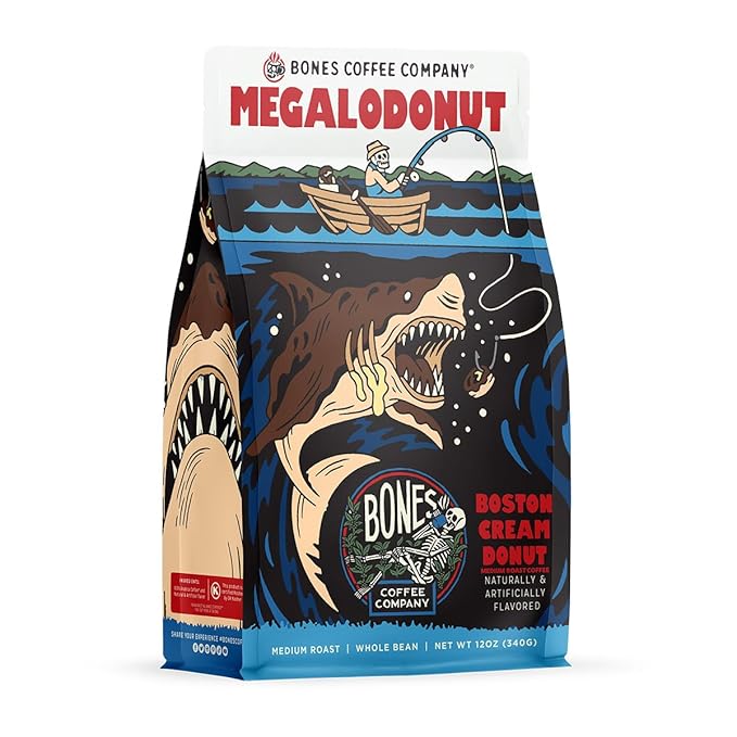Bones Coffee Company Megalodonut, Boston Cream Donut Flavored Coffee, Medium Roast Low Acid Arabica