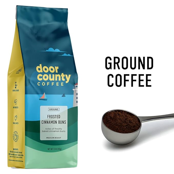 Door County Coffee Frosted Cinnamon Buns Flavored - 10oz Bag - Ground Medium Roast - 100% Arabica