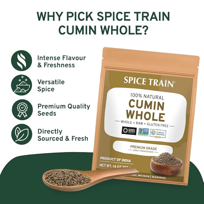SPICE TRAIN Cumin Seeds (397g/14oz) Non GMO, Gluten Free, 100% Raw, Sourced from India, Excellent