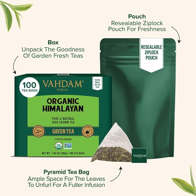 VAHDAM, Organic Himalayan Green Tea (100 Count) High Grown, Non GMO, Gluten Free, Low Caffeine |