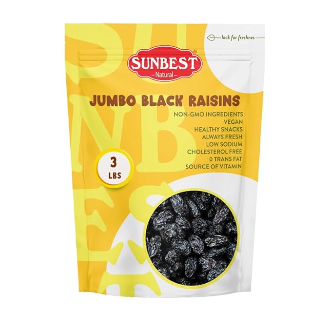 Sunbest Natural Jumbo Black Raisins ??3 lb Bulk Bag (48 oz) ??Plump, Juicy & Seedless Dried Raisins