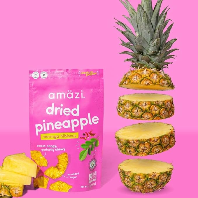 Am채zi Foods | Dried Pineapple - Moringa Hibiscus (6 Pack) | All Natural Snacks | No Sugar Added