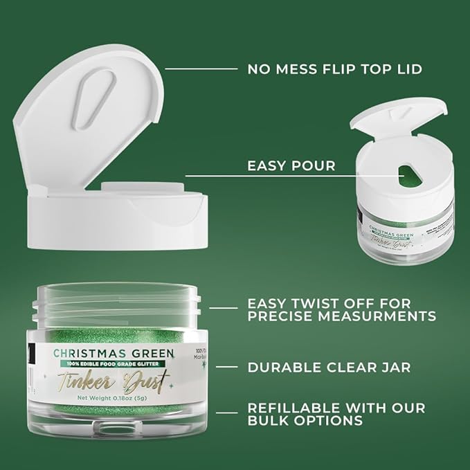 Bakell - Christmas Green Tinker Dust (5g, 1x Jar) Edible Glitter for Food, Desserts, and Beverages!