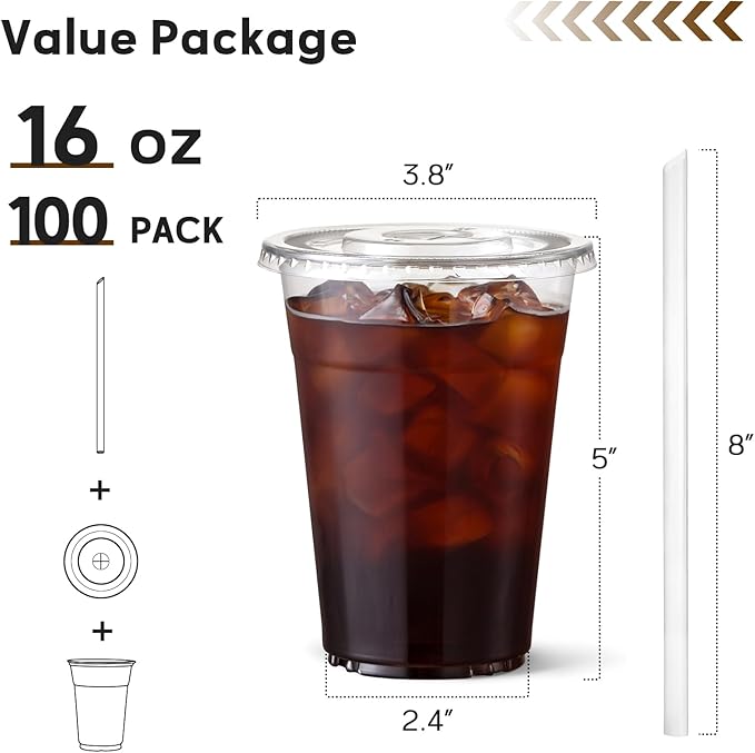 AOZITA 100 Pack 16 oz Clear Plastic Cups with Lids and Straws, Food Safe Disposable Iced Coffee