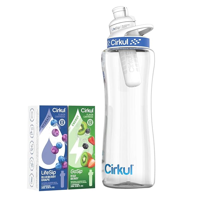 Cirkul 32oz. BPA-Free Plastic Water Bottle Starter Kit with Navy Lid, 2 Flavor Cartridges (1