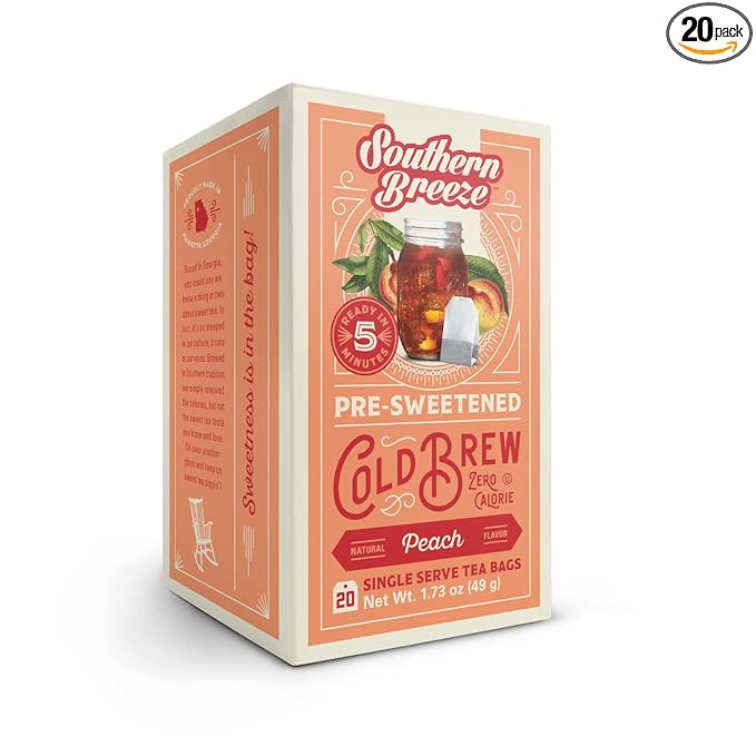 Southern Breeze Cold Brew Sweet Tea Peach Iced Tea with Black Tea and Zero Carbs Zero Sugar, 20