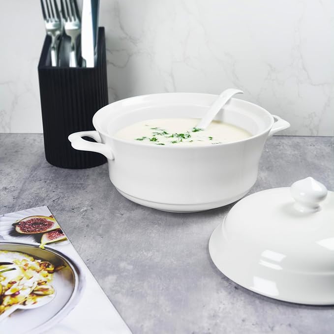Casserole dish with Lid and soup spoon, Ceramic Serving Soup Tureen, 1.8 QT White French Serving