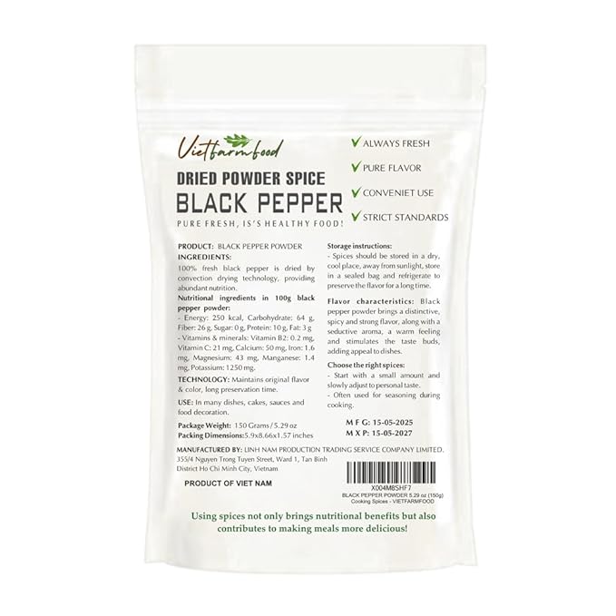 BLACK PEPPER POWDER 5.29 Oz (150g) VIETFARMFOOD: Natural pure, convection dried seasoning made from