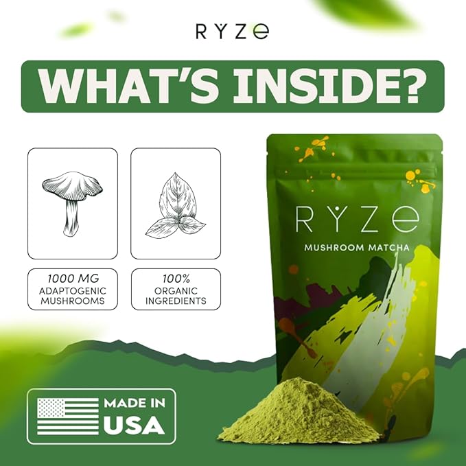 RYZE SUPERFOODS Mushroom Matcha, USDA Organic with 6 Adaptogenic Mushrooms and Ceremonial-Grade