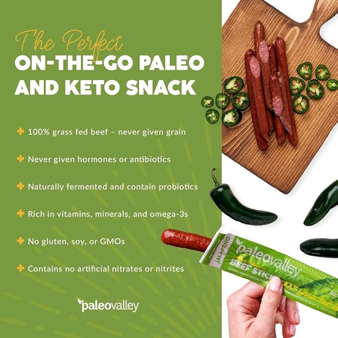 Paleovalley 100% Grass Fed Jalapeno Beef Sticks - Delicious Gluten Free Beef Snack - High Protein