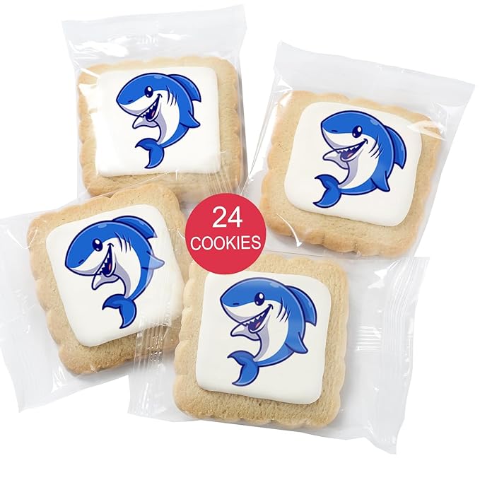 Shark Cookies Baby Theme Birthday | Individualy Wrapped Printed Cookies 24 Pack Bulk | Party Favors