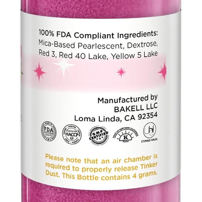 Bakell - Neon Pink Tinker Dust (4g, 1x Mini Spray Pump) Edible Glitter for Food, Desserts, and