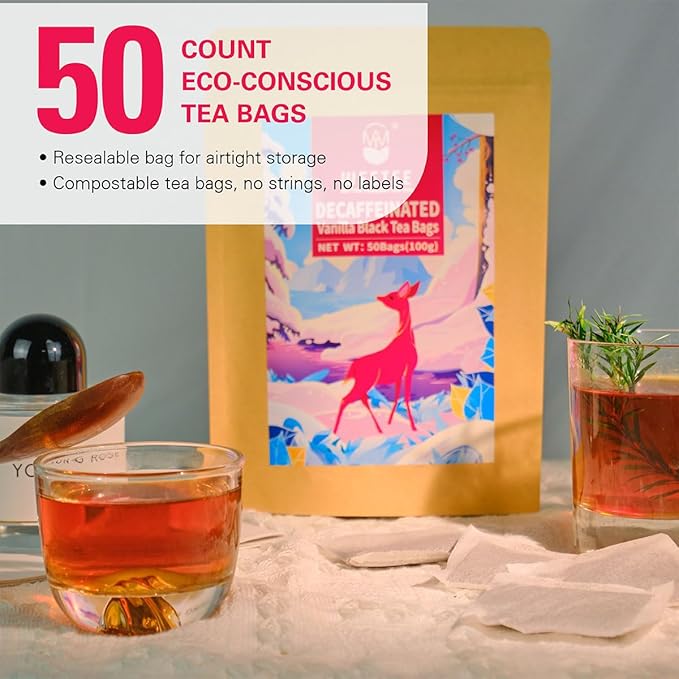 WT WEETEE Decaf Black Tea with Vanilla Flavor, 50 Count Decaffeinated Vanilla Black Teabags