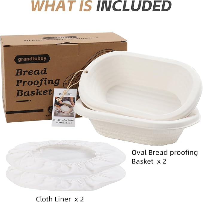 2x 11inch Oval Pulp Bread Proofing Basket Sourdough Banneton Brotform with Linen Liner Cloth Cover