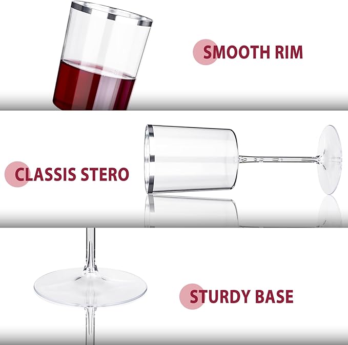 Ciaell 12 Pack Plastic Wine Glasses - 10 Oz Plastic Wine Glasses with Stem - Square Silver