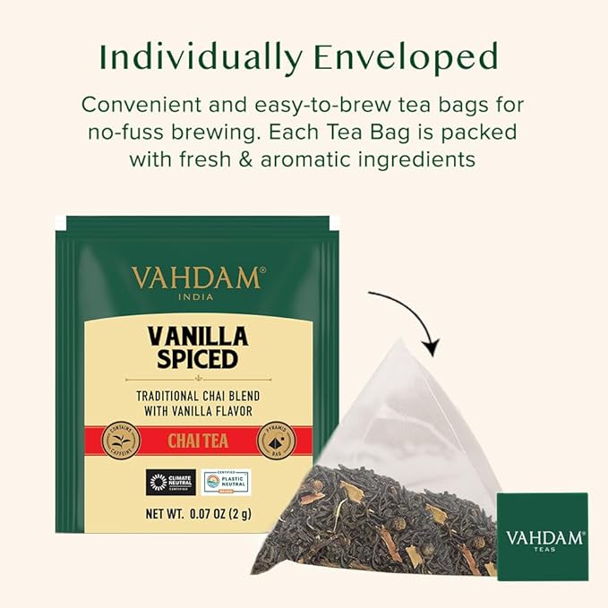 VAHDAM, Vanilla Chai Tea Bags (30 Count) High Caffeine, Non GMO, Gluten Free | Individually