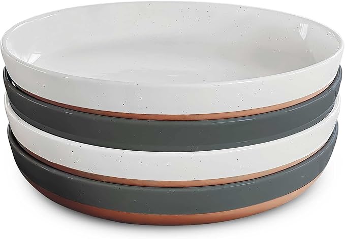 Mora Ceramic Flat Pasta Bowl Set of 4-35oz, Microwave Safe Plate with High Edge - Modern Dinnerware