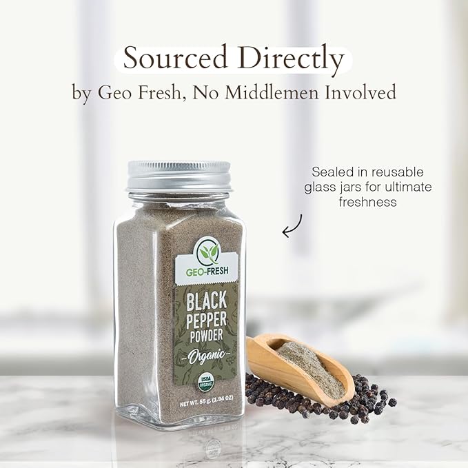 Geo-Fresh Organic Black Pepper Powder ??1.94 oz Glass Jar ??Black Pepper Ground ??USDA Certified