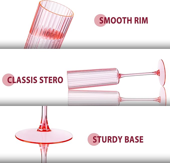 Ciaell 24 Pack Pink Plastic Champagne Flutes - 6oz Ribbed Disposable Champagne Glasses - Pink