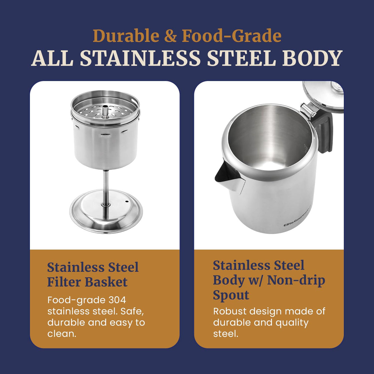 Elite Gourmet EC008 8-Cup Stovetop Coffee Percolator, Stainless Steel