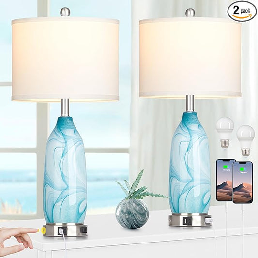 26" Coastal Table Lamps Set of 2, Modern Table Lamps with USB A+C Ports & AC Outlet, Touch Control