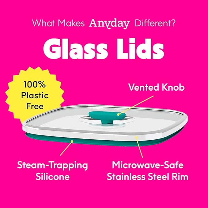 Anyday 10-Cup Square Glass Food Storage with Glass Lid | Plastic-Free Meal Prep & Microwave