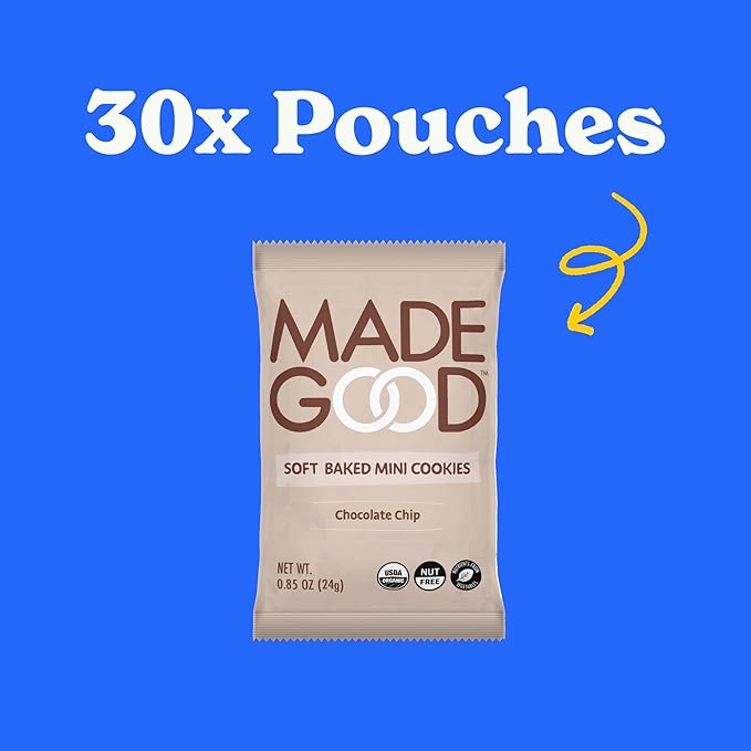 MadeGood Soft Baked Chocolate Chip Mini Cookies, Gluten Free & Safe For School Snacks, 30 Count