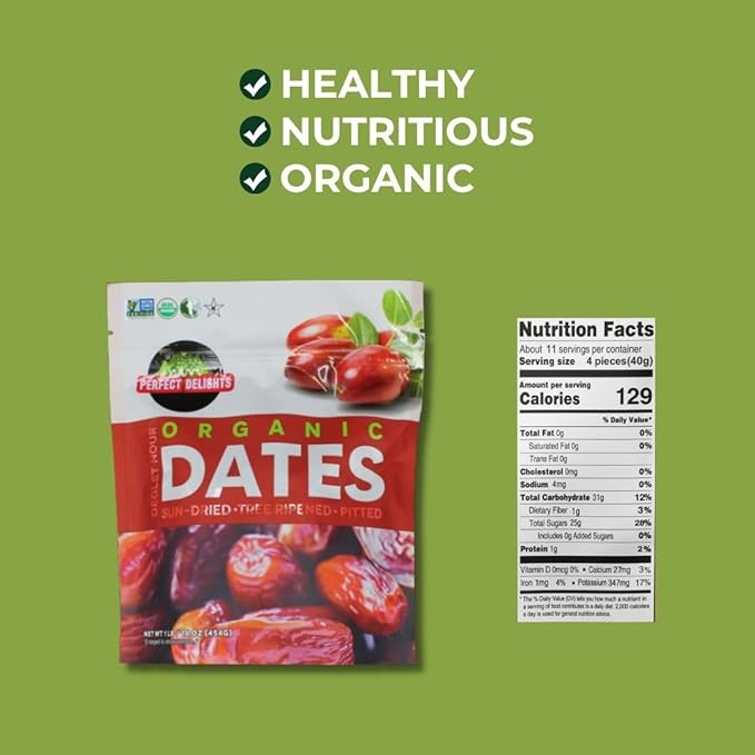 Perfect Delights Organic Dates, Vegan, Sun-Dried Pitted Dates, Healthy Fruit Snack for Kids and