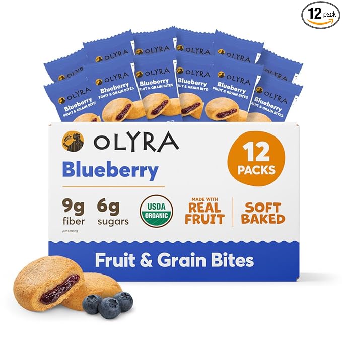 Olyra Blueberry Organic Bars, Prebiotic High Fiber Bars, Healthy Snacks for Kids, Low Sugar, Vegan