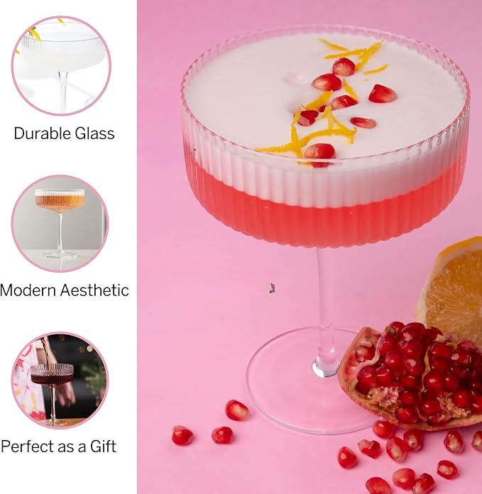 Khen Ribbed Vintage Art Deco Coupe Glasses - Martini, Champagne & Cocktail Ribbed Glasses 12oz |