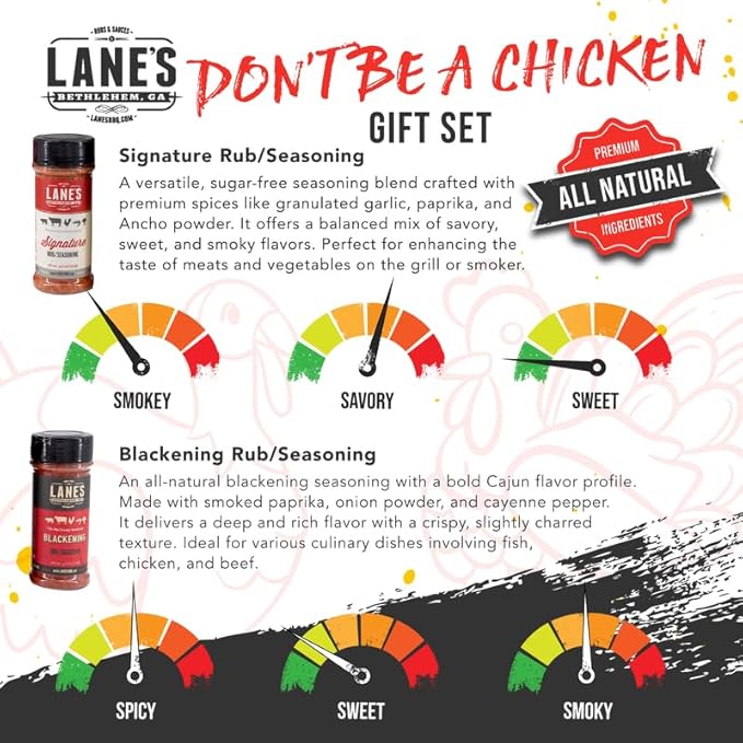Lane's Don't Be A Chicken Gift Set, All-Natural 4 Rubs Gift Set of Blackened Seasoning, Garlic