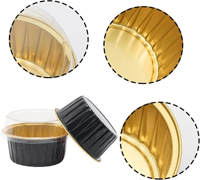 100 Pack 4.2oz Aluminum Cups with Lids Mini Flan Containers with Lids Cupcake Baking Cups, Black
