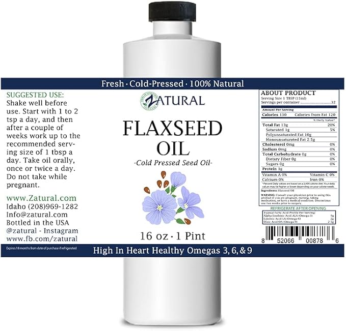 Zatural Flaxseed Oil Naturally Grown 100% Pure Flax Seeds Cold Pressed Vegan Omega Fatty Acids 16oz