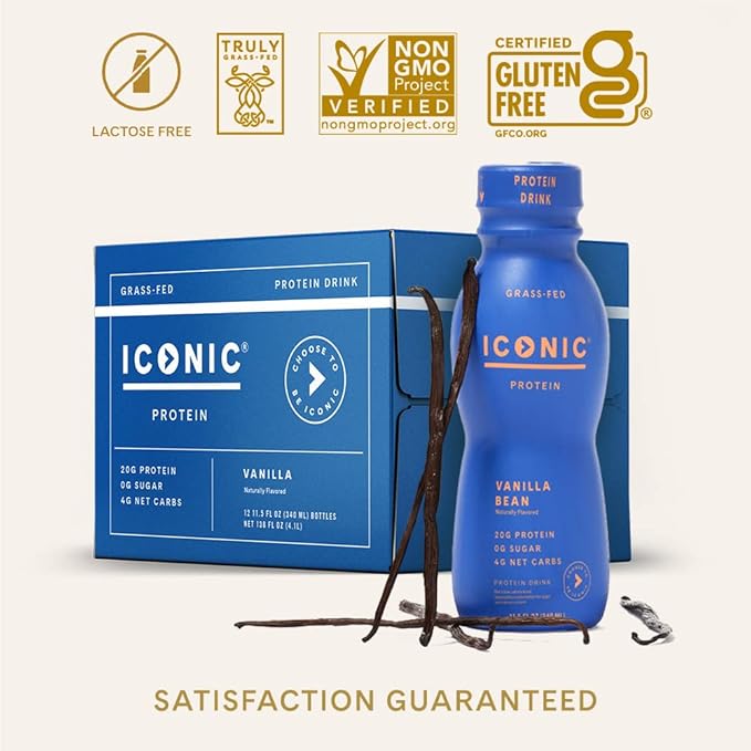 Iconic Protein Drinks, Vanilla Bean (12 Pack) - Sugar Free & Low Carb - 20g Grass Fed Protein