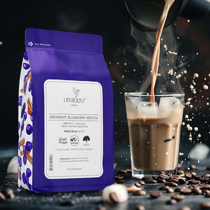 Lifeboost Midnight Blueberry Mocha Whole Bean Coffee - Non-GMO Wild Blueberry Low Acid Single